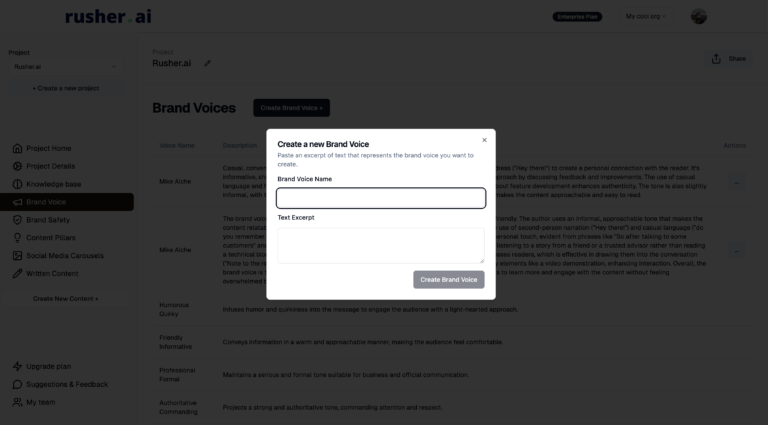 How to Create Your First Brand Voice with Rusher.AI