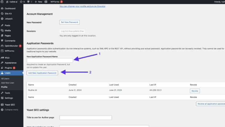 How to Create a WordPress application password to integrate Rusher with WordPress